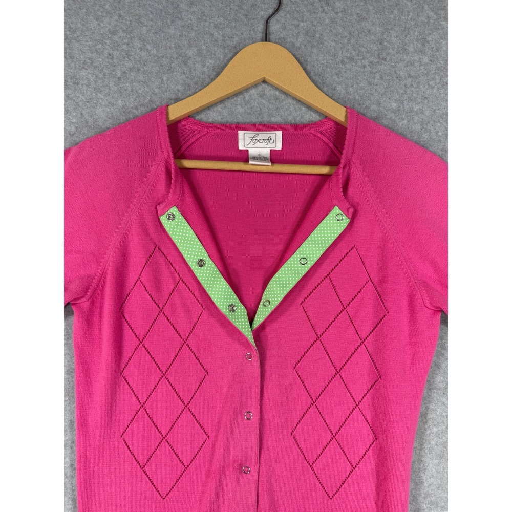 Foxcroft Small Cardigan Pink Preppy Cotton Polka Dot Trim Snap Front Sweater